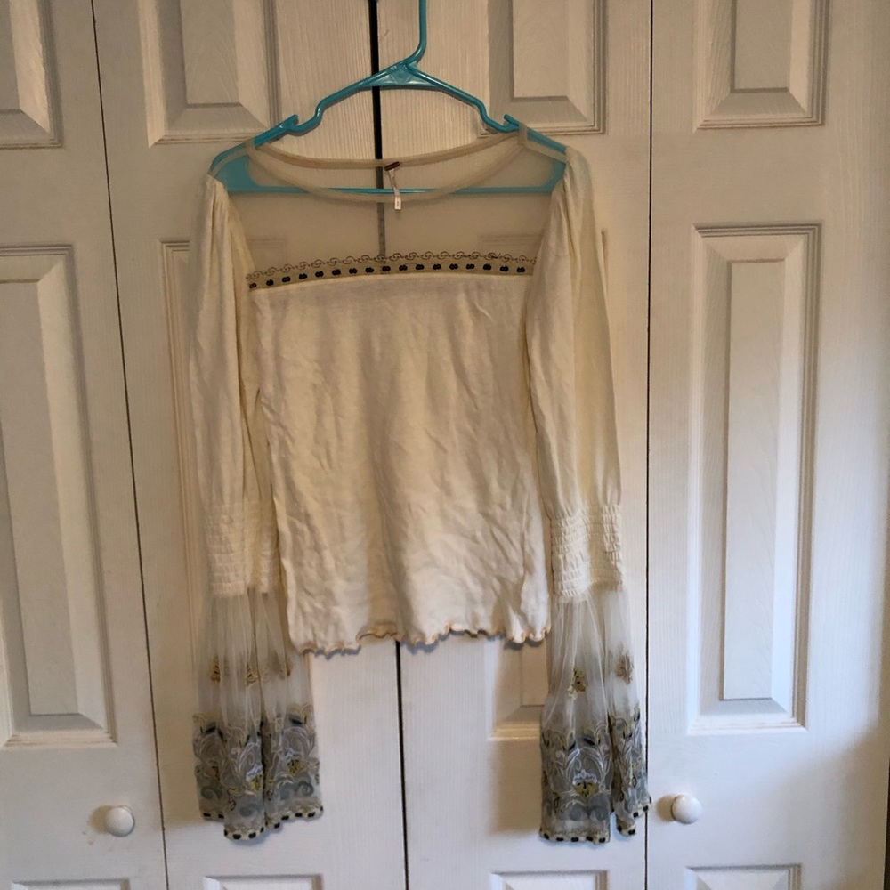 Free People mesh/embroidered bell sleeve top